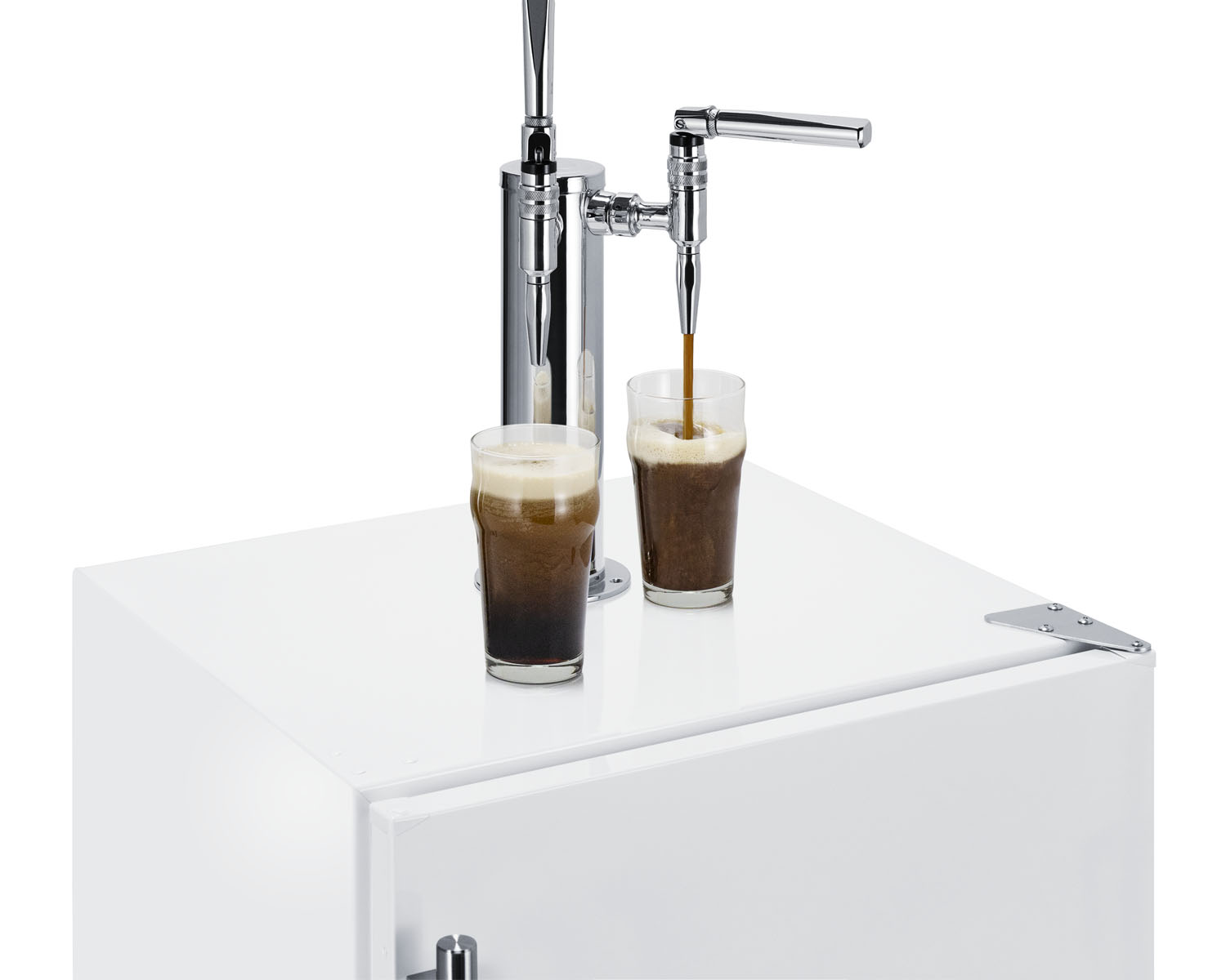 Built-in undercounter ADA height commercially listed dual tap nitro coffee dispenser in white with stainless steel handle